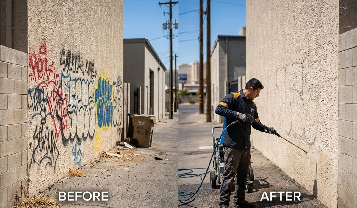 Before/after of graffiti removal on stucco