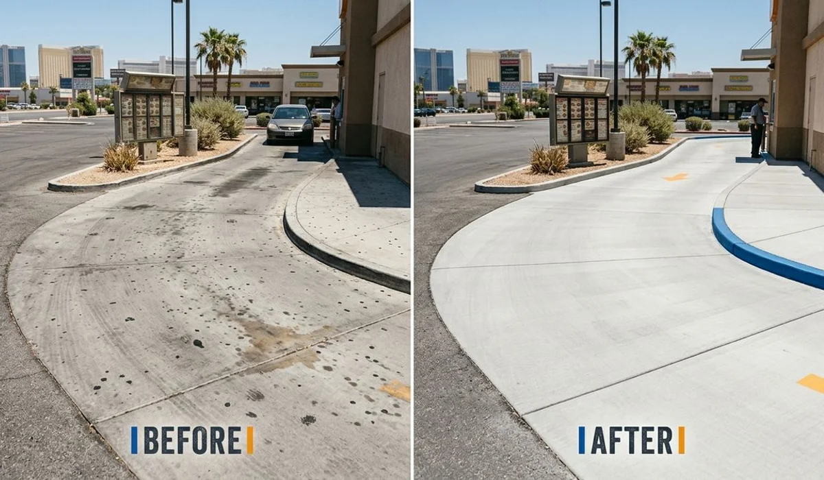 Before/after of stained vs clean drive-thru concrete