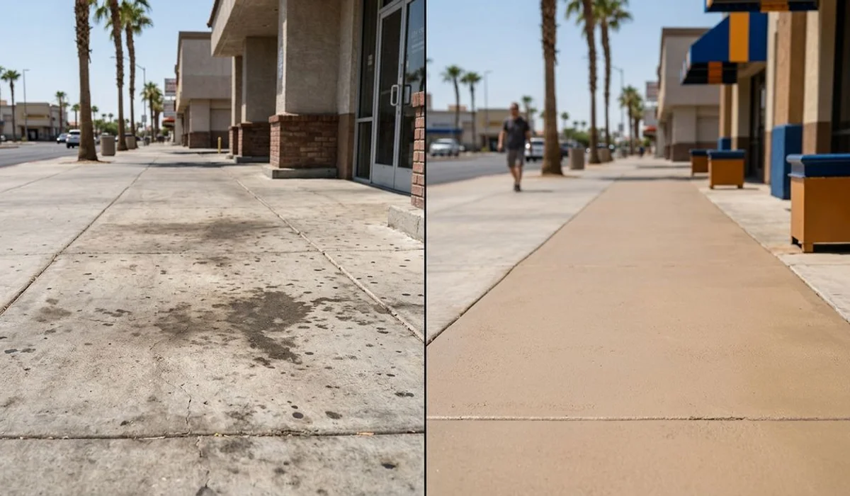Before/after split of stained vs clean concrete walkway