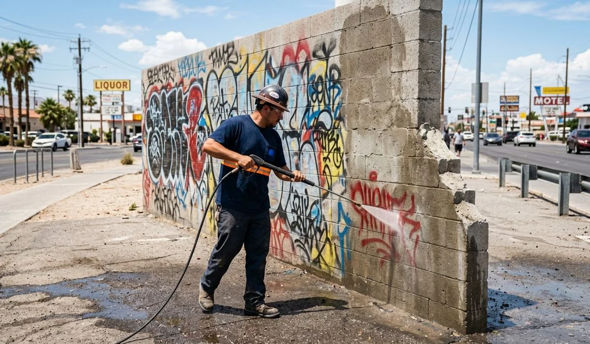 Building wall cleaned of graffiti restoring a professional look