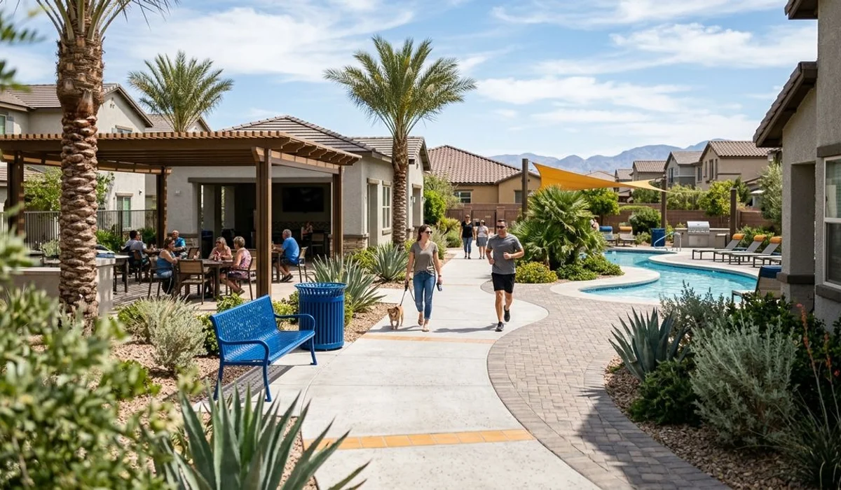 Clean HOA common-area walkway and amenity space