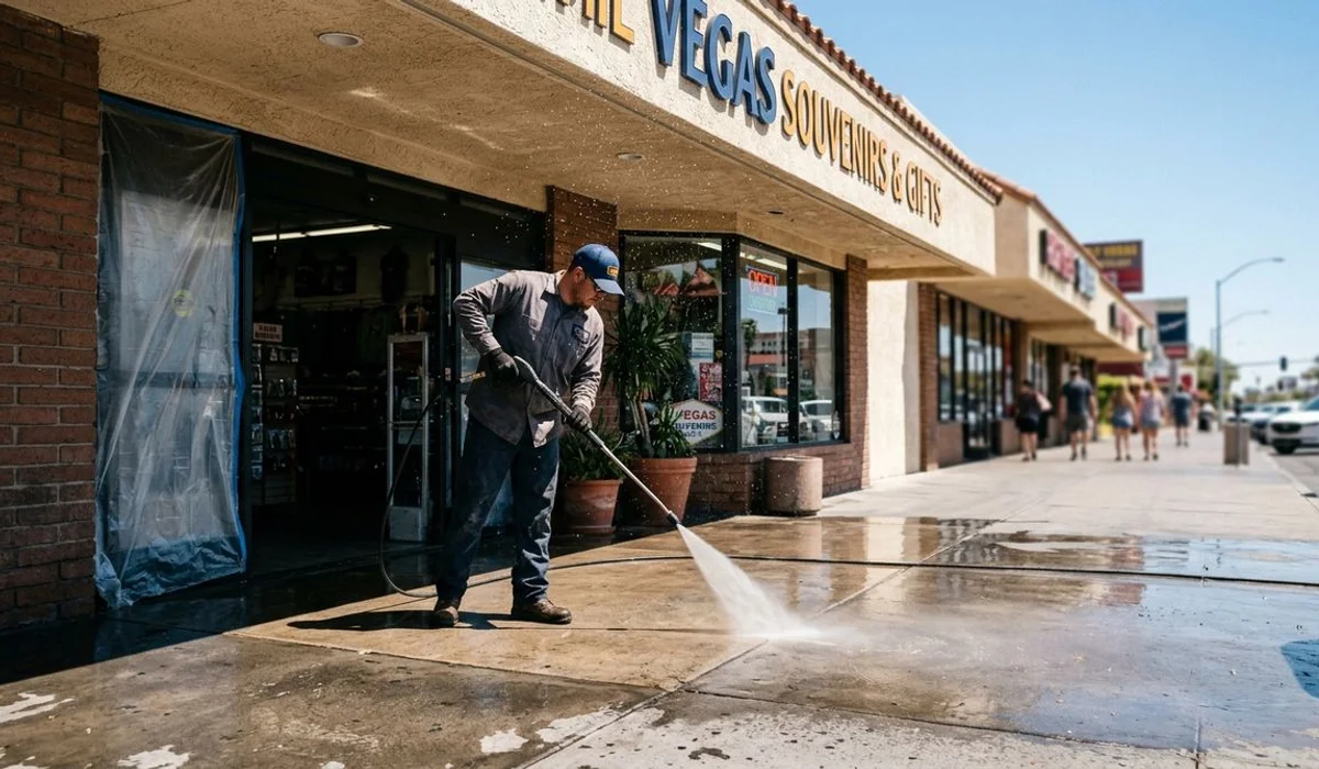 Clean Las Vegas retail storefront entry being pressure washed, bright daylight