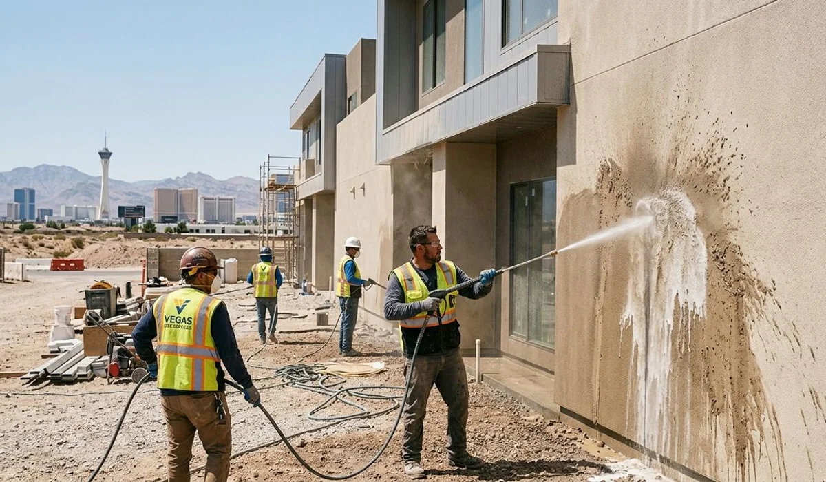Crew pressure washing a newly built exterior covered in jobsite dust