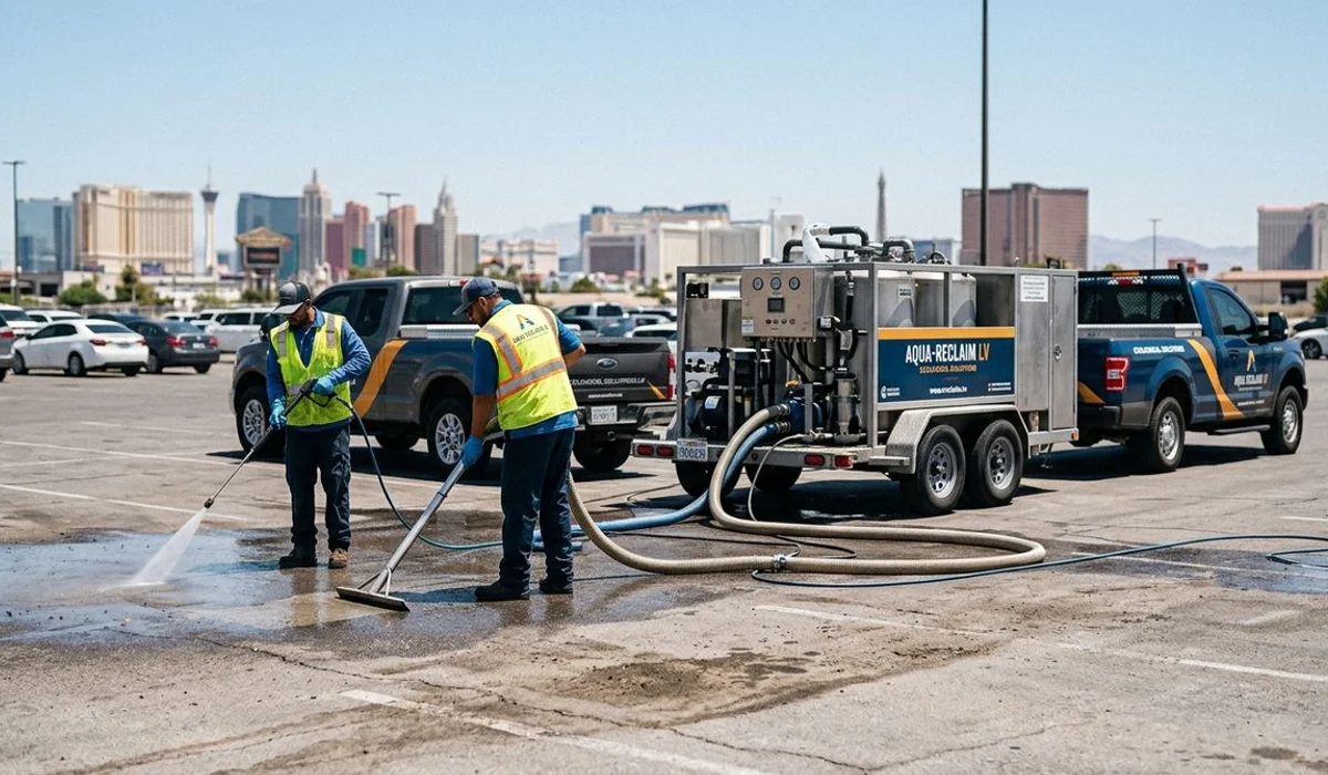 Crew using a wash-water recovery system on a parking lot