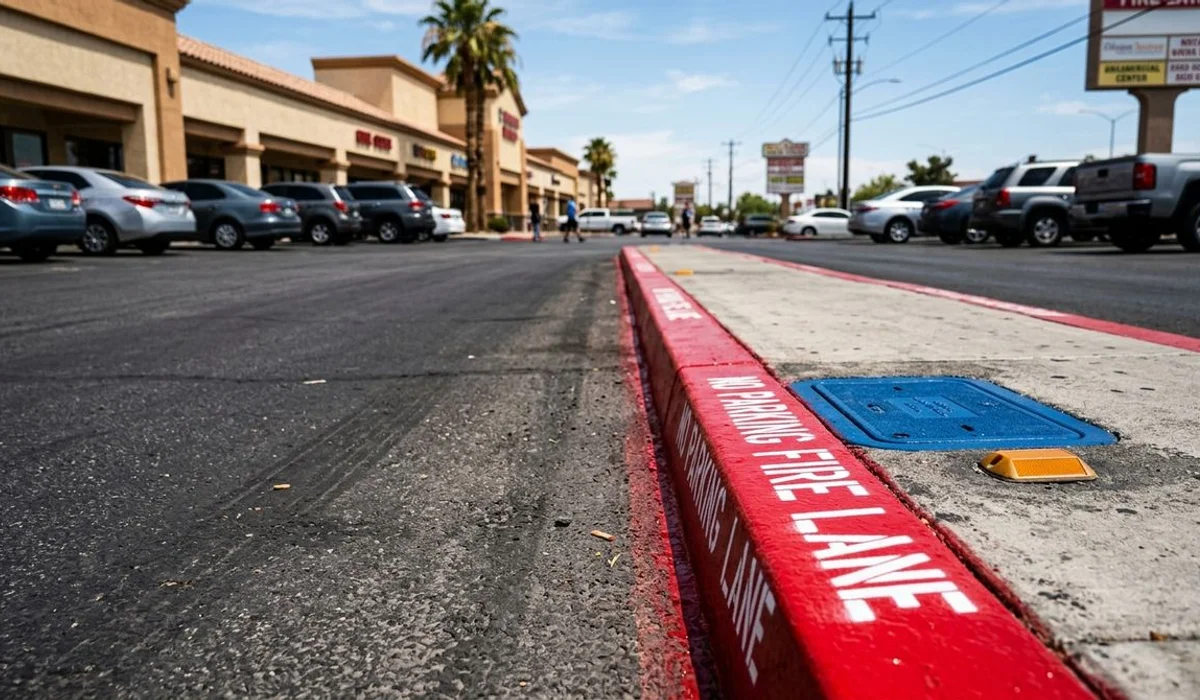 Freshly painted red fire-lane curb with stencil markings, bright daylight