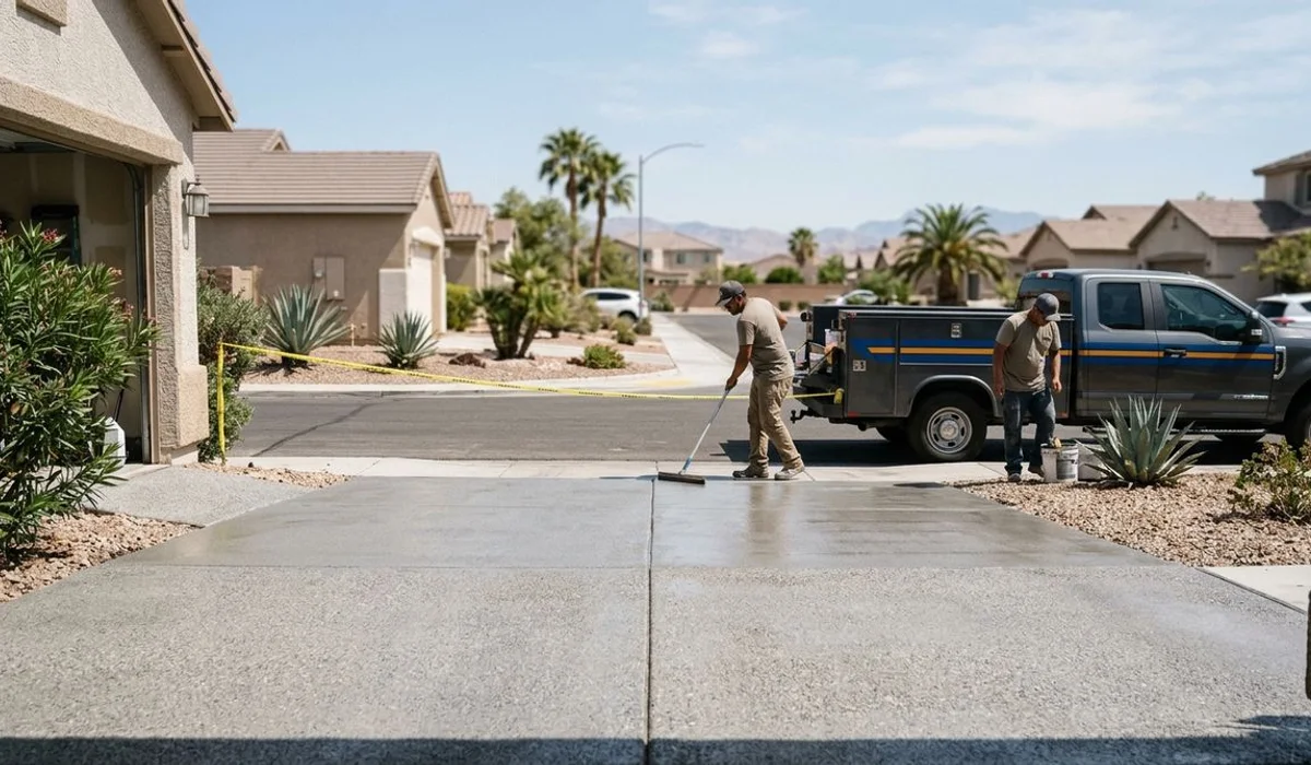 Freshly sealed concrete driveway with subtle sheen, bright daylight