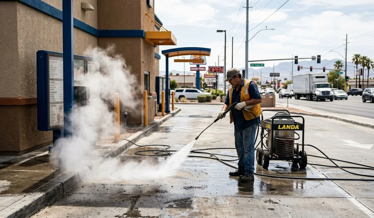 Hot-water degreasing of a fast-food drive-thru lane, steam