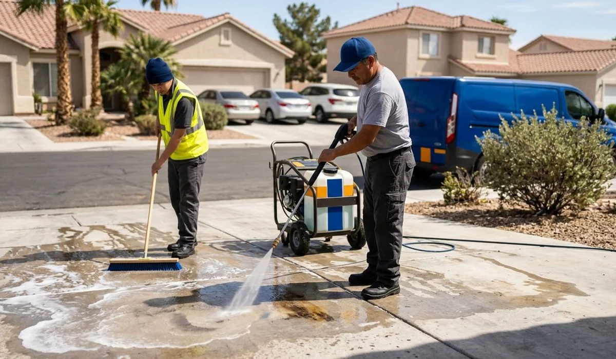 Oil-stained concrete driveway being degreased, bright daylight