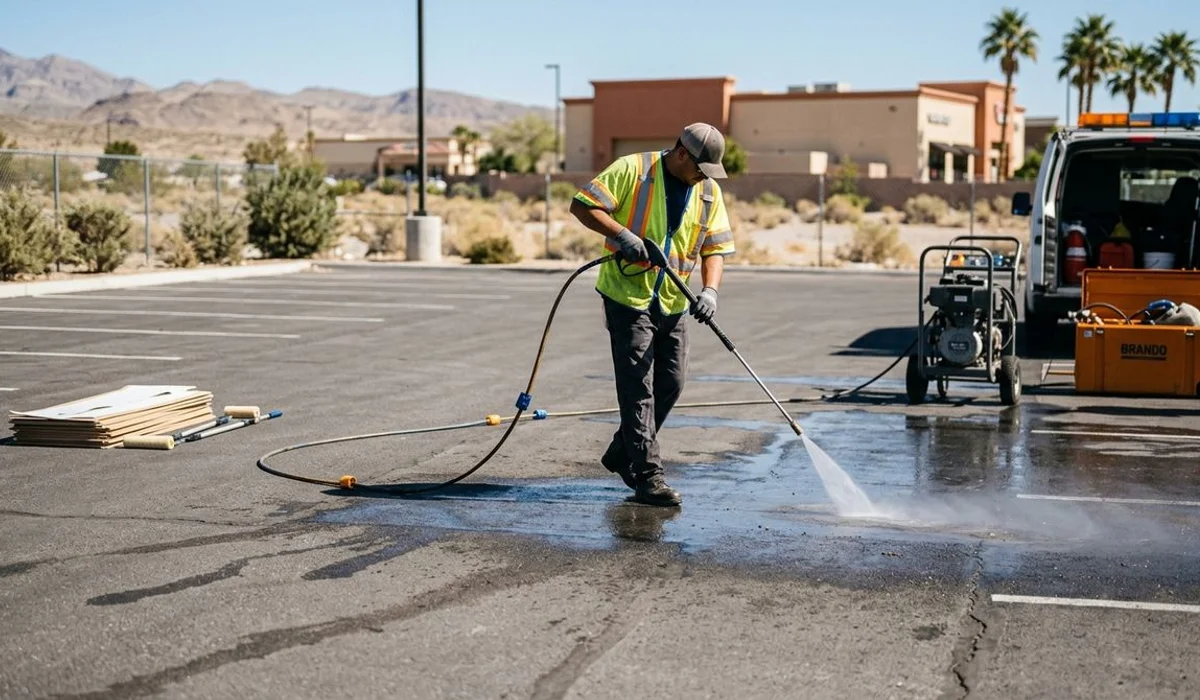 Parking lot being pressure washed before striping, bright daylight