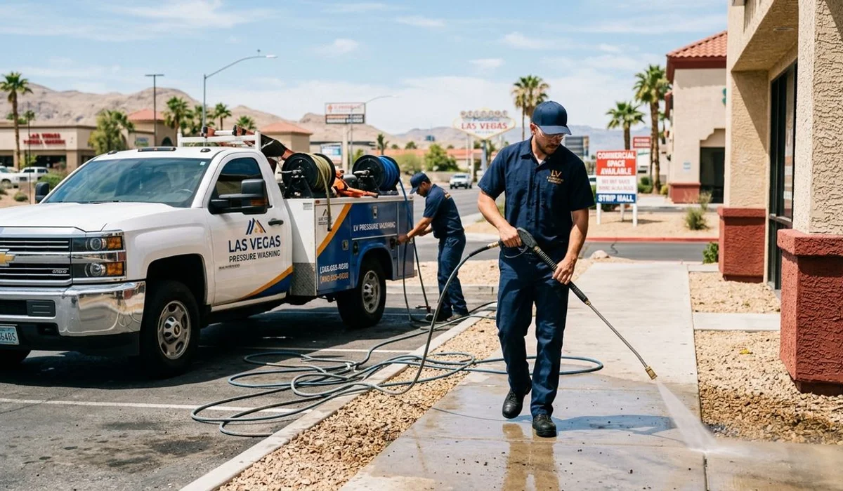 Professional uniformed pressure washing crew with branded truck