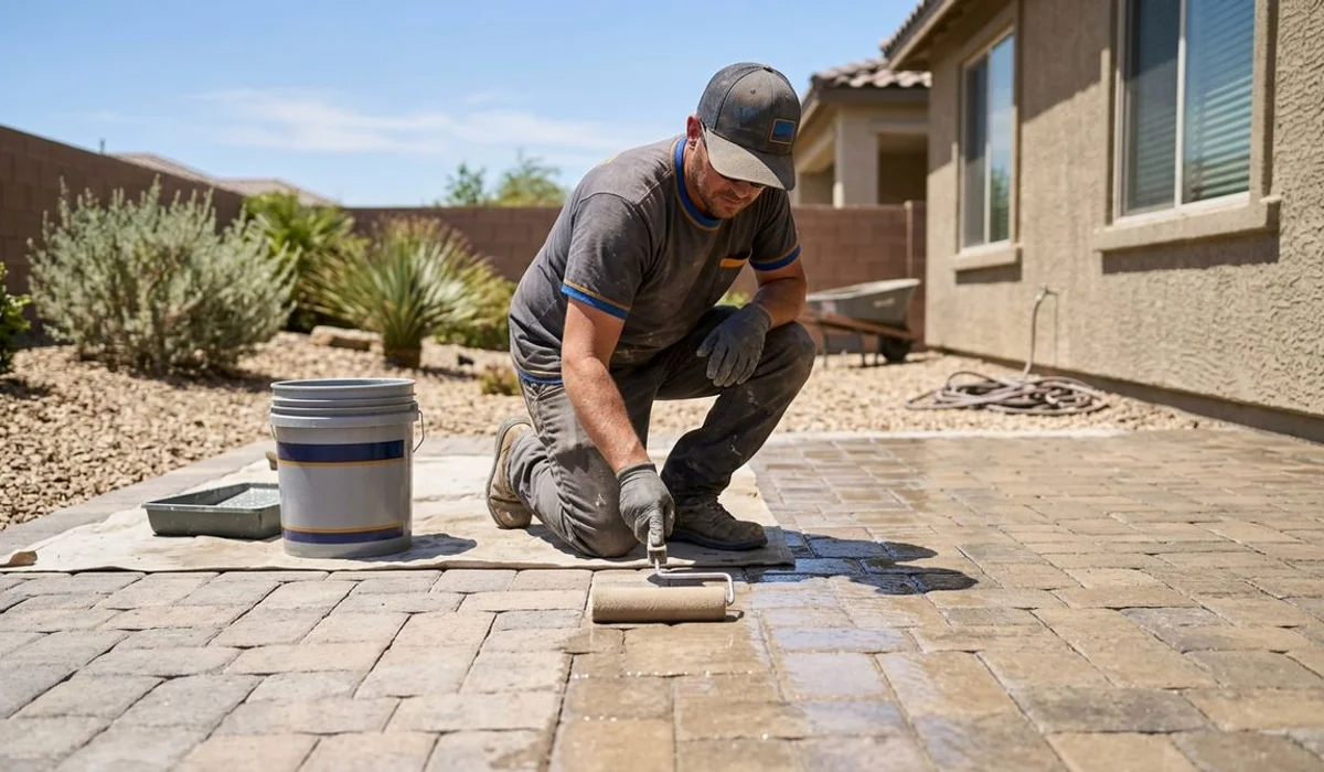 Sealer being applied to clean paver patio, subtle sheen