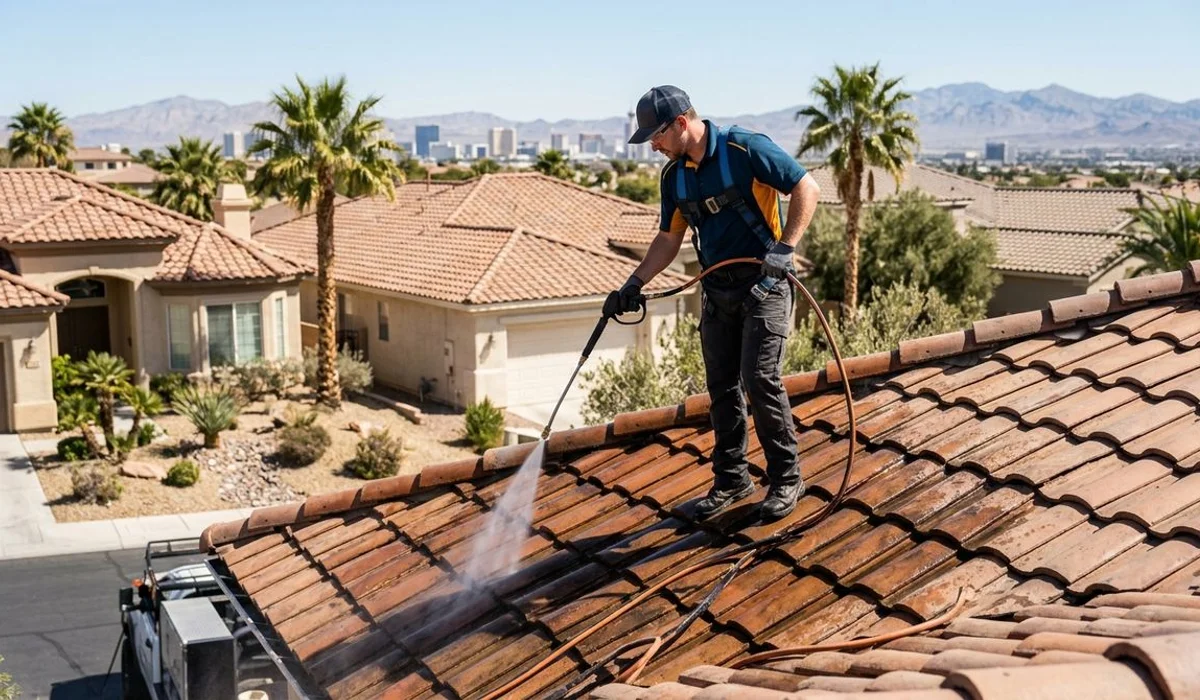 Soft washing a clay tile roof with low-pressure spray, bright daylight