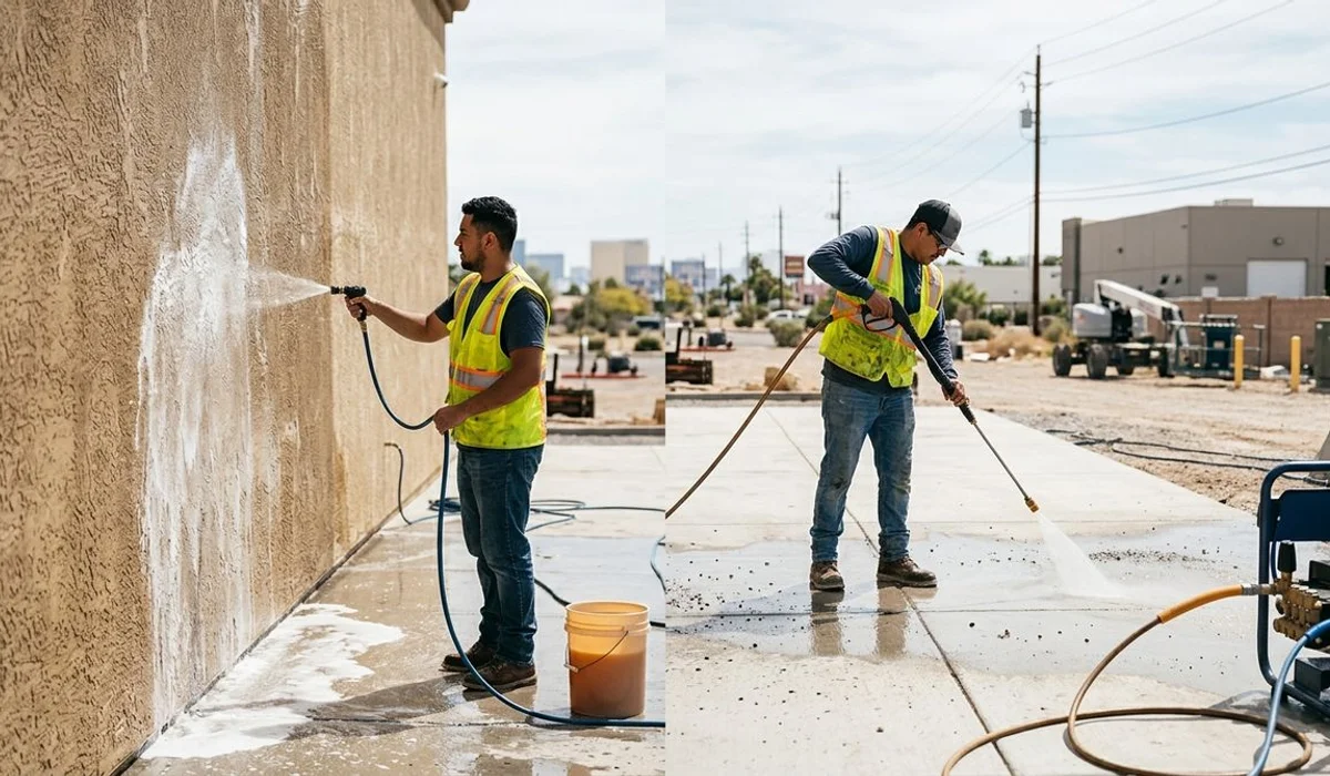 Split image: soft wash on stucco vs high-pressure on concrete