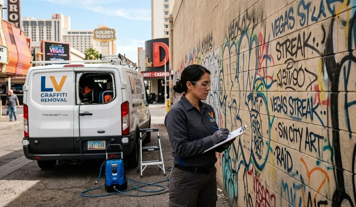 Technician assessing a graffiti-tagged wall before removal