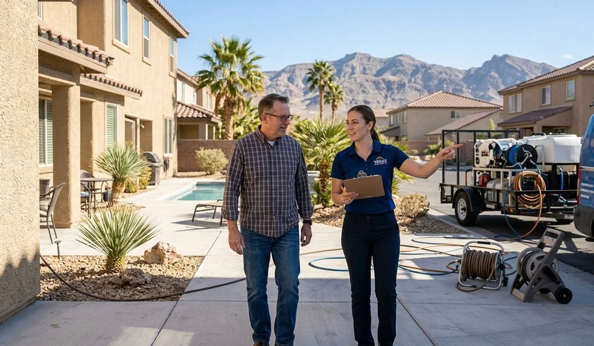 Technician walking a homeowner through the house-wash plan