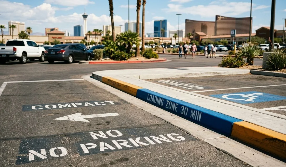 Various parking lot stencils and curb colors